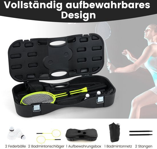 COSTWAY Badminton Netzständer, tragbares Federballspiel mit Schlägern, 2 Schlägern, Netz und Aufbewahrungsbox, komplettes Badmintonset für Badminton/Tennis und Volleyball für drinnen und draußen