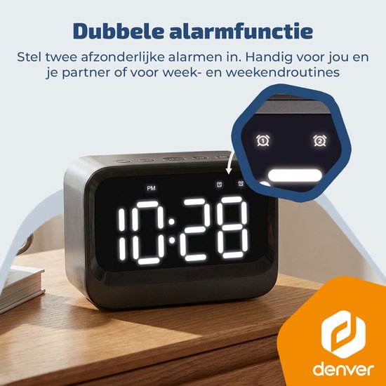 Denver Digitaler Wecker - Bluetooth-Lautsprecher - Doppelter Alarm - LCD-Anzeige - EC54B - Schwarz