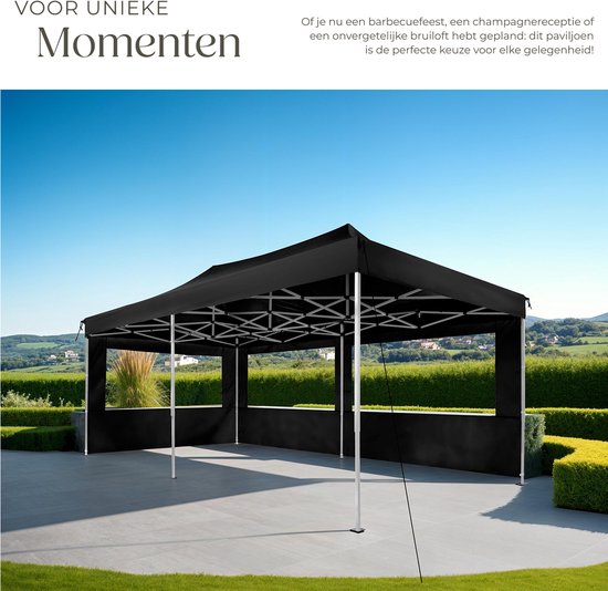 tectake® Faltpavillon – Zusammenklappbar und wasserdicht – Gartenpavillon mit 4 Seitenwänden – Inkl. Heringe, Abspannleinen und Tragetasche – Terrassenüberdachung, Partyzelt – 6 x 3 m – Schwarz