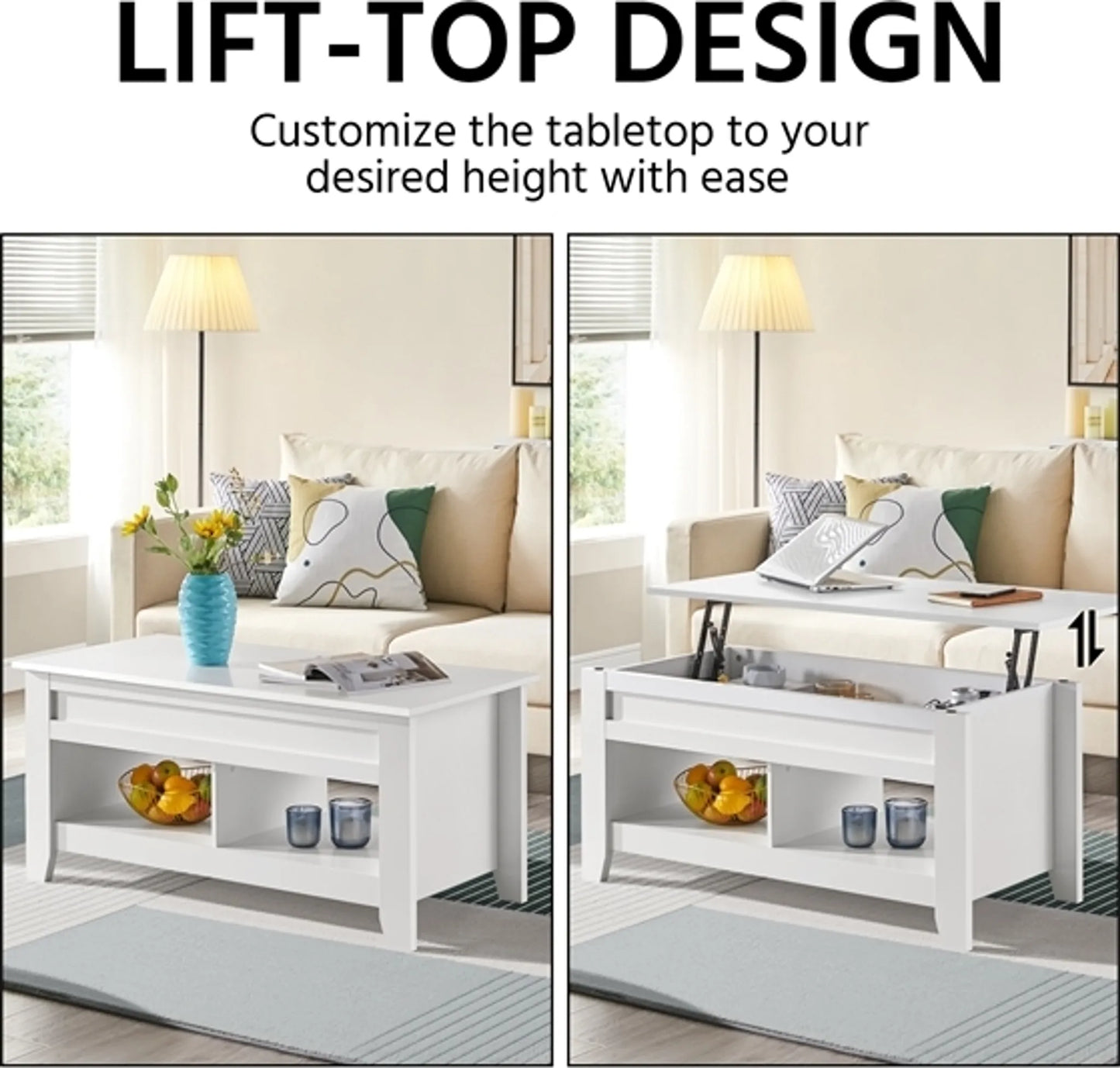 Yaheetech Couchtisch mit Lift-Top-Funktion - Mit versteckter Lagerung und zwei offenen Regalen und Federmechanismus - Für Wohnzimmer und kleine Räume - Weiß Mdf und Metall - 104,5 x 49,5 x 49-61,5 cm
