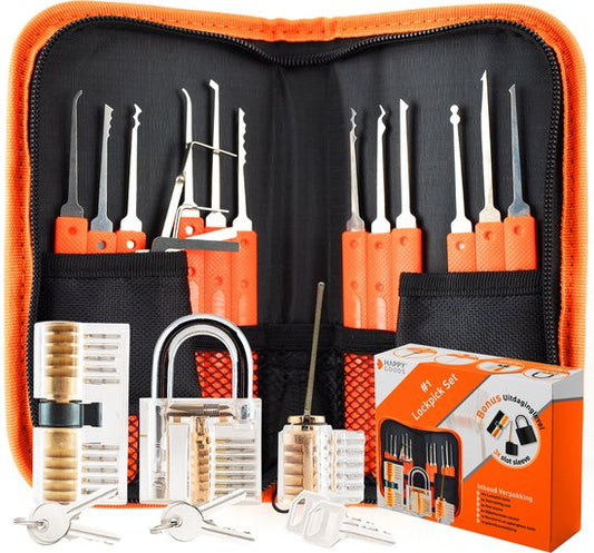 Happy Goods Lockpick Set - 32-teilig - Survival Kit - Anfänger & Profi - 3x Übung Schloss - orange