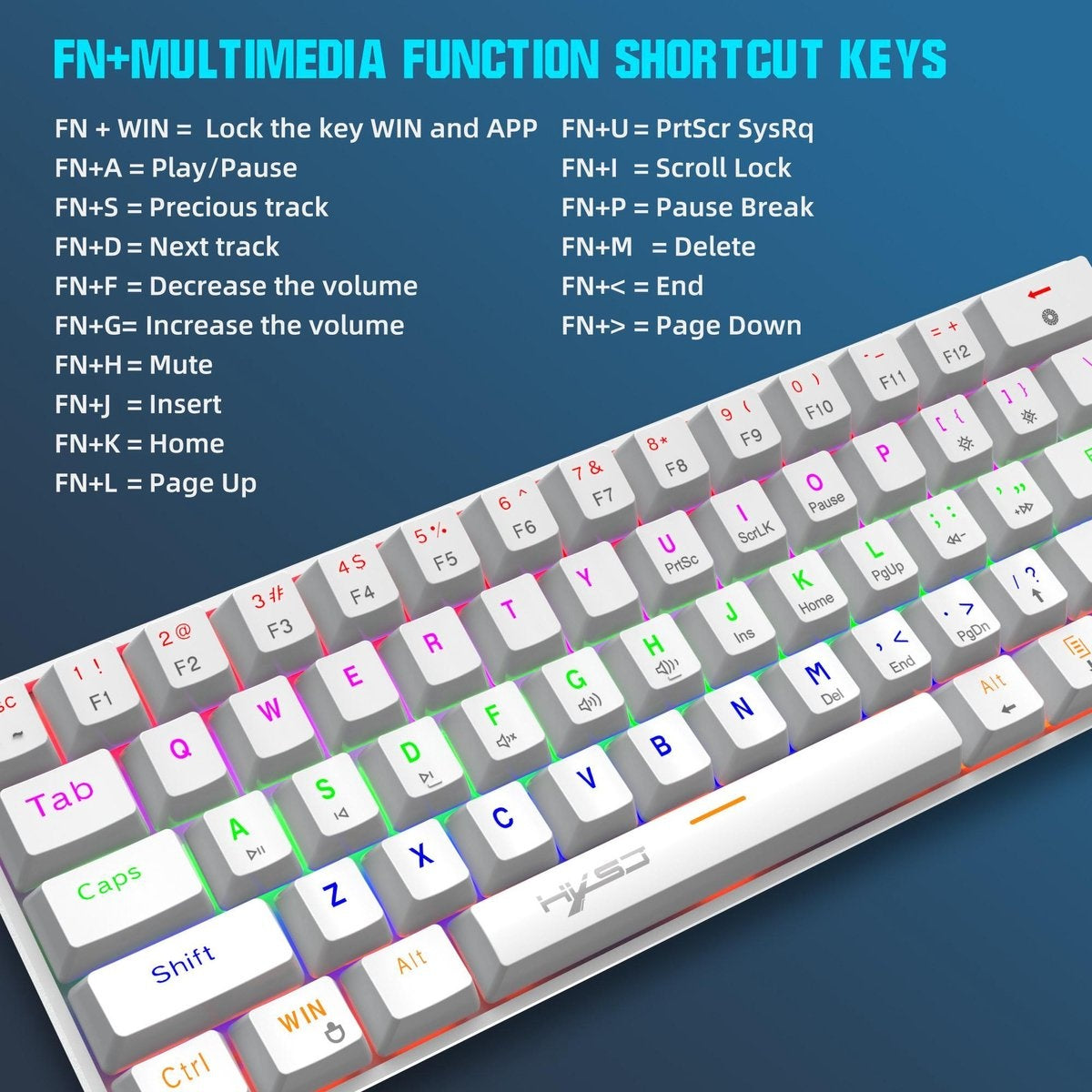 HXSJ V900 - Mechanische Gaming-Tastatur - RGB-Beleuchtung - Ergonomisch - QWERTY - 61 Tasten - blauer Schalter - Weiß