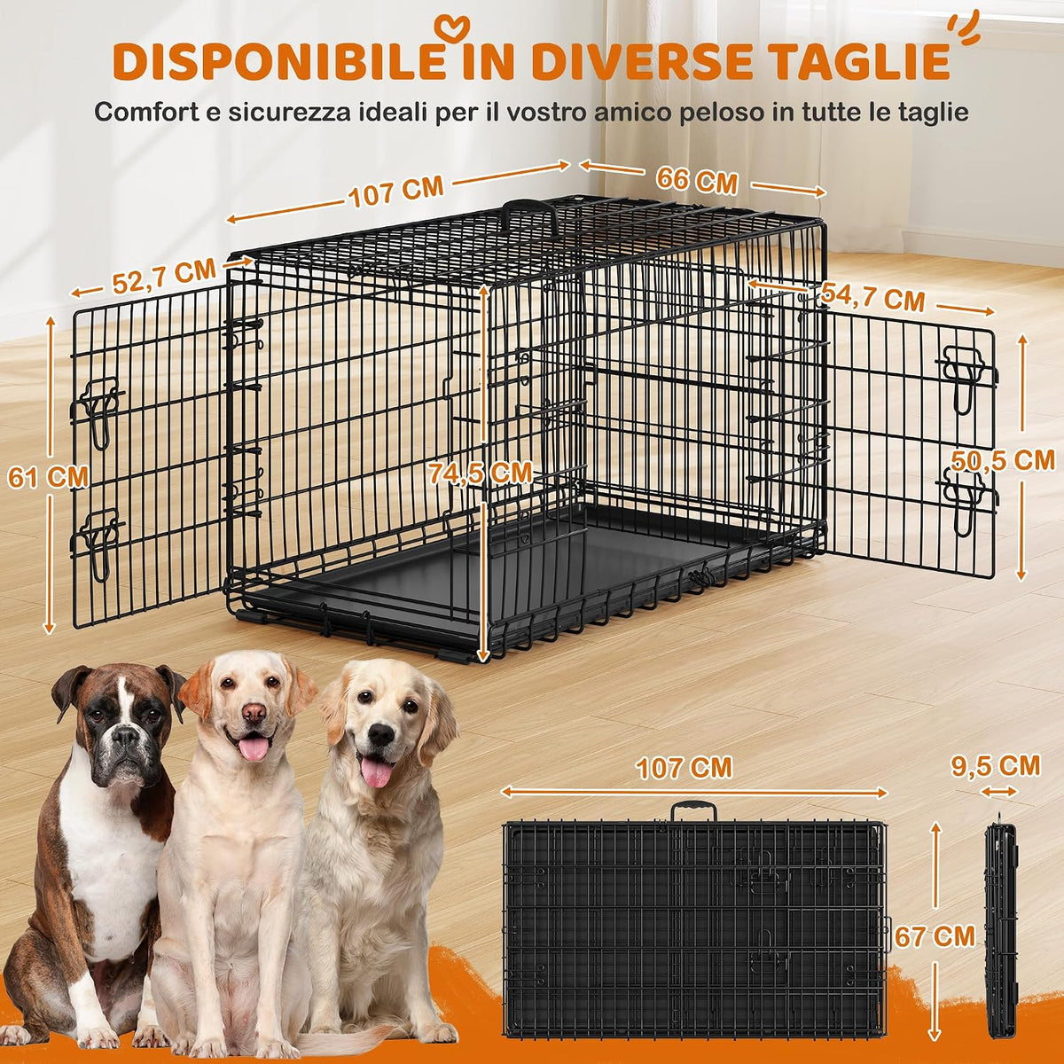 Yaheetech Faltbare Hundebox – Schwarz – 107 x 60 x 66 cm – Mit Trennwand, Doppeltür