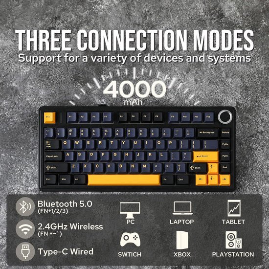 AULA F75 – Kabellose Gaming-Tastatur – Mechanisch – Gasket – Hot-Swap – QWERTY-Tastaturen – Tri-Mode – 80 Tasten – Donnerschwarz