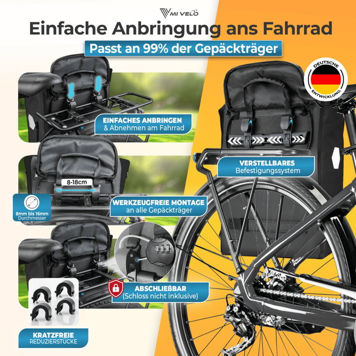 Mivelo LINO 3-in-1-Fahrradtasche und Rucksack – 20 Liter – Schwarz