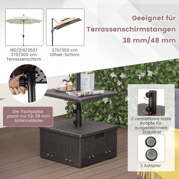Coast 3-in-1-Sonnenschirmständer mit Tischplatte und Rollen – Befüllbarer Sonnenschirmständer für Ø 38/48 mm – Schwarz/Braun