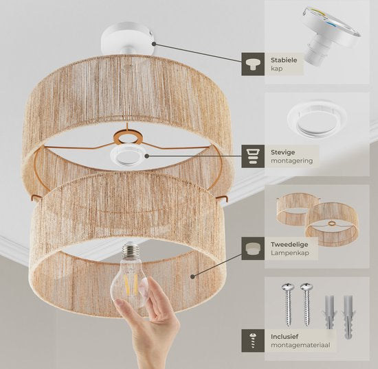 tectake Deckenleuchte im Boho-Stil - Hängeleuchte mit Jute-Lampenschirm - 40W