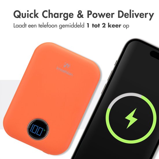 imoshion Powerbank 10000 mAh - Geeignet für MagSafe - Schnellladegerät 22,5W - LED-Anzeige - USB C & USB A - Drahtlose Powerbank Geeignet für Apple iPhone 12/13/14/15/16 - Orange