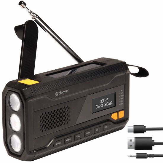 Denver Notfallradio – Solar-Powerbank – DAB- und UKW-Radio – Notfallpaket – Taschenlampe – Aufziehbar – SOS-Licht – Solar-Powerbank – SCD2033