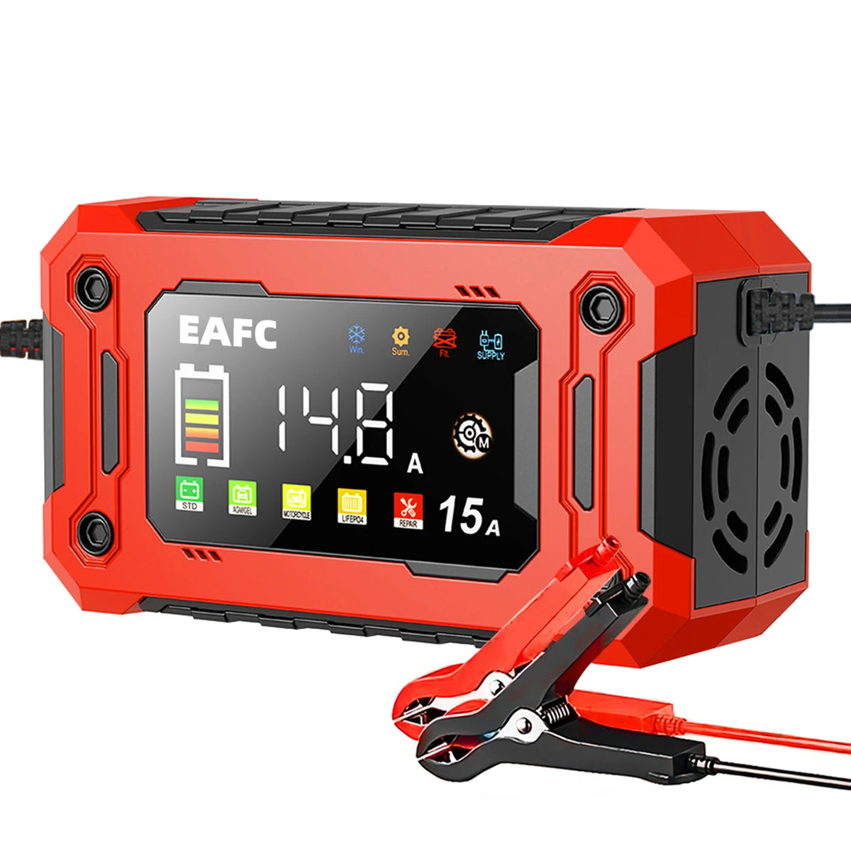 Eafc Auto-Ladegerät 12 V, 15 A – Großes HD-Display – Pulse Repair – Lithium-, AGM-, Blei-Säure- und Gel-Batterien