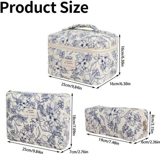 Skycases Travel Essentials - 3-teiliges Make-up-Taschenset - umweltfreundliche Baumwolle - gesteppte florale Organizer - geräumig, strapazierfähig und ideal für Reisen