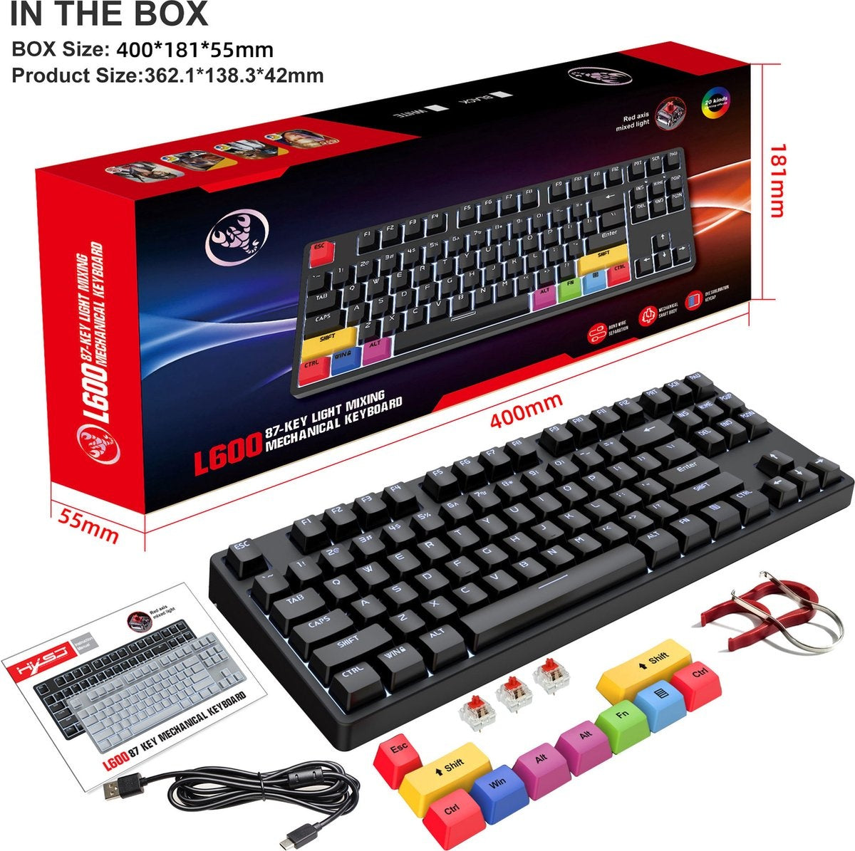 HXSJ L600 Wired Mechanical Gaming Keyboard - QWERTY - 87 Tasten - Roter Schalter - Schwarz