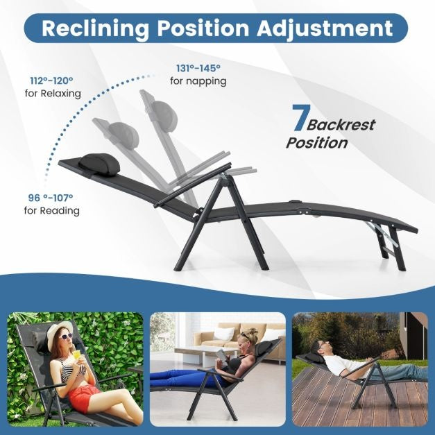 Coast Sun Lounger Gartenliege mit Kopfstütze 7 verstellbare Rückenlehnen schwarz