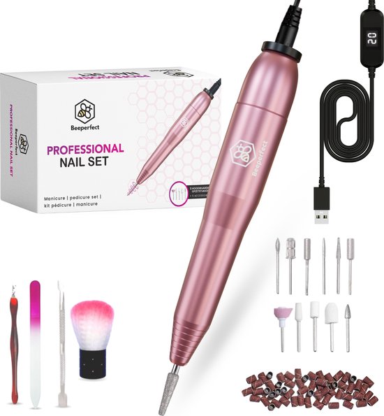 Beeperfect® Elektrische Nagelfeile - Nagelfräser - Maniküre- und Pediküreset - 12 Bits und 60 Schleifrollen - 4 Extra-Zubehör - Pink