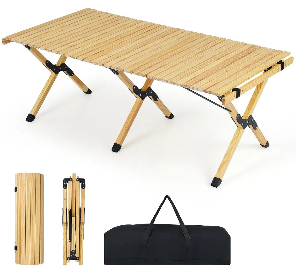 Coast Klappbarer Campingtisch 122 × 60 × 45 cm – Picknicktisch aus Holz für 4–6 Personen mit aufrollbarer Tischplatte und Tragetasche – Naturfarben
