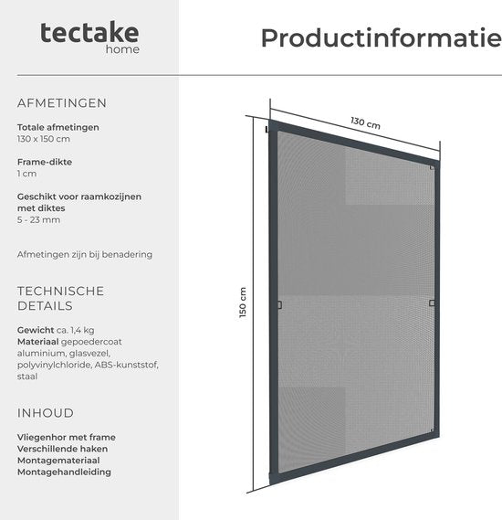 tectake® Einsteck-Insektenschutzgitter – Fenstergitter – 130 x 150 cm – Für Fensterrahmen, individuell anpassbar ohne Bohren und Schrauben – Mückengitter – Anthrazit