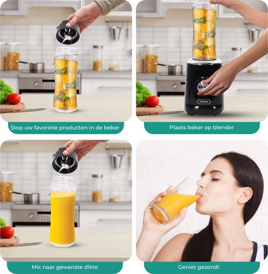 Niceey Mini Blender - Smoothie Maker - Mixer Smoothie - Entsafter - 500W - mit 2 To-Go Bechern - Schwarz