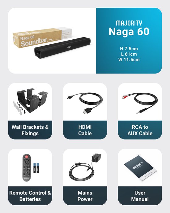 Majority Naga 60 Soundbar für TV - Inklusive Soundbar-Halterung - Mit eingebautem Subwoofer - Bluetooth 5.0, HDMI ARC, optischer und AUX-Anschluss - 2.1 Surround Sound - Fernbedienung - schwarz
