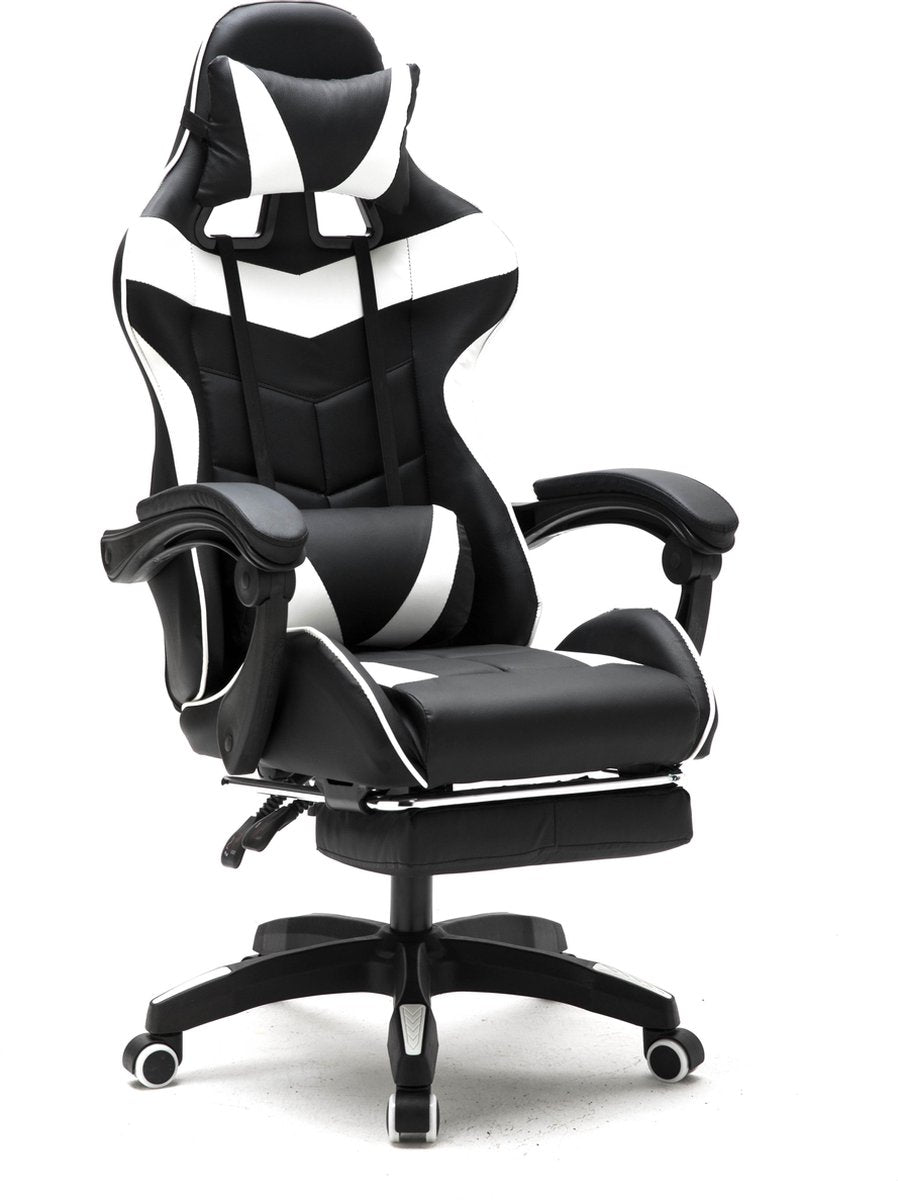 VDD Game Chair - Ausziehbar - Max. 110kg - Inkl. Nackenkissen - 128 x 63 x 50cm - Schwarz & Weiß