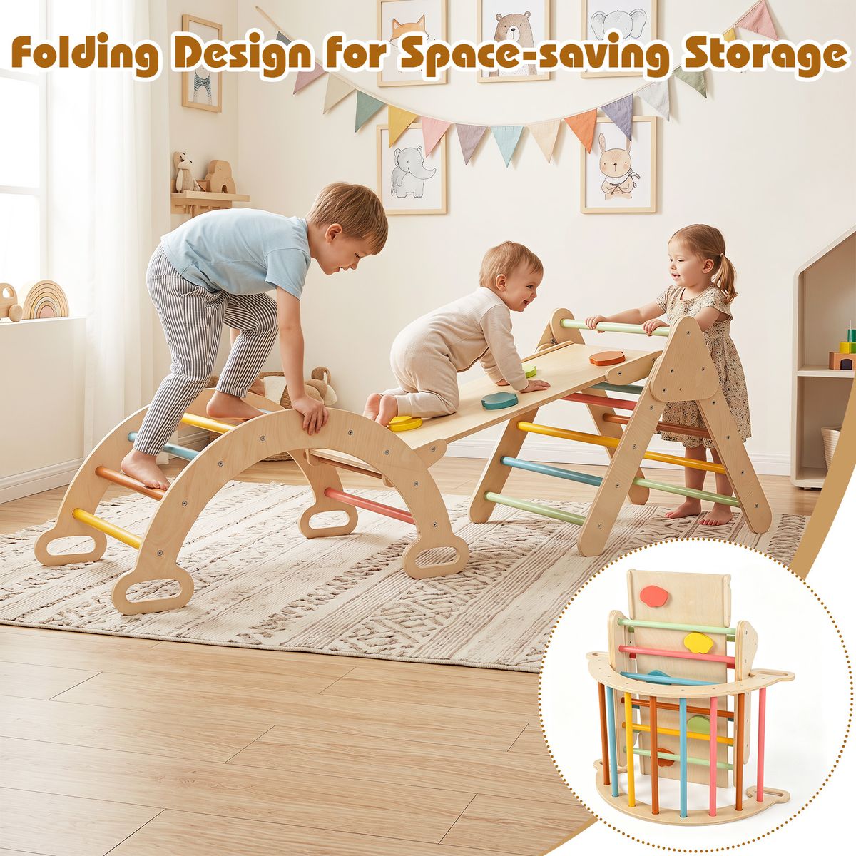 Coast Montessori Klettergerüst aus Holz – 3-in-1-Spielset mit Kletterdreieck, Kletterbogen und Rutsche – farbenfroh