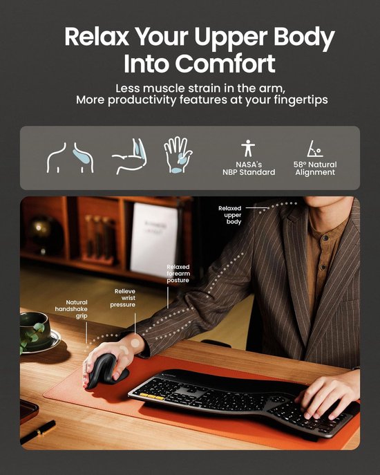 Ergonomische vertikale Maus – Kabellose ergonomische Maus – Bluetooth & 2,4 GHz – Über USB-C aufladbar – Für 3 Geräte – Einstellbare DPI – Geräuscharm – Schwarz (für Rechtshänder)