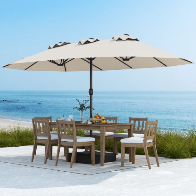 Coast Doppel-Terrassenschirm 470 × 285 cm mit Fuß – Großer rechteckiger Sonnenschirm mit Kurbel, 12 Metallstreben und Sandsäcken – für Garten und Terrasse