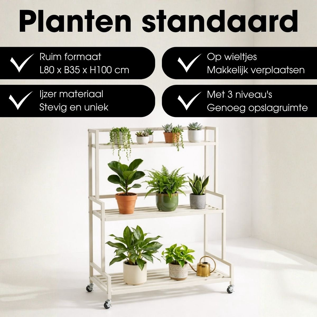 Mica Decorations Greenrax Pflanzenregal auf Rädern – mehrere Ablagen – 80 x 35 x 100 cm – gebrochenes Weiß