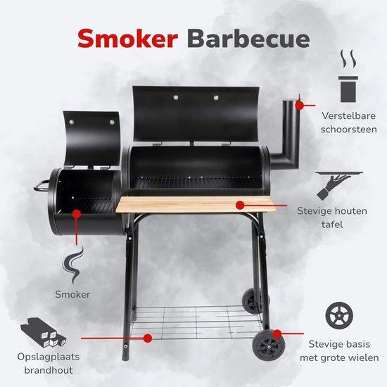 alpina Smoker Barbecue - BBQ Smoker - mit separatem Räucherofen - Verstellbarer Kamin - 104 x 58 x 114 cm