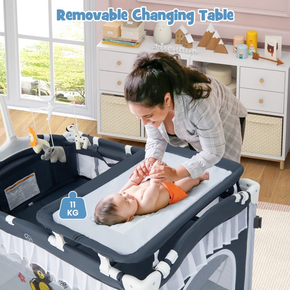 Coast Klappbares Babybett – 4-in-1-Babybett mit Wickeltisch und Spieluhr – grau