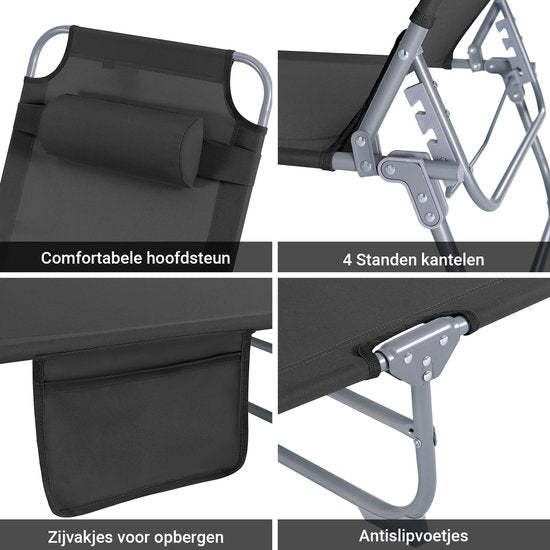 SoBuy Klappliegestuhl, verstellbarer Gartenliegestuhl mit Kopfstütze und Aufbewahrungstasche, ergonomischer Relaxstuhl für den Außenbereich, Garten, Balkon und Terrasse, schwarz, OGS35-SCH
