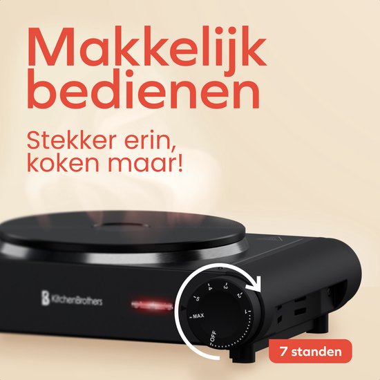 KitchenBrothers Elektrokochfeld - 1 Brenner - Freistehend - 7 Temperaturstufen - 1500W - Schwarz