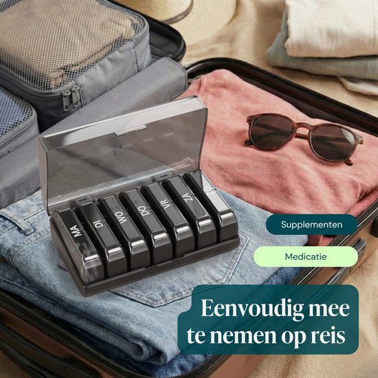 Gandria Tablettenbox 7 Tage, 2 Fächer – niederländischsprachig – Medikamentenbox mit stabilem Verschluss – herausnehmbare Tablettenfächer für unterwegs – schwarz