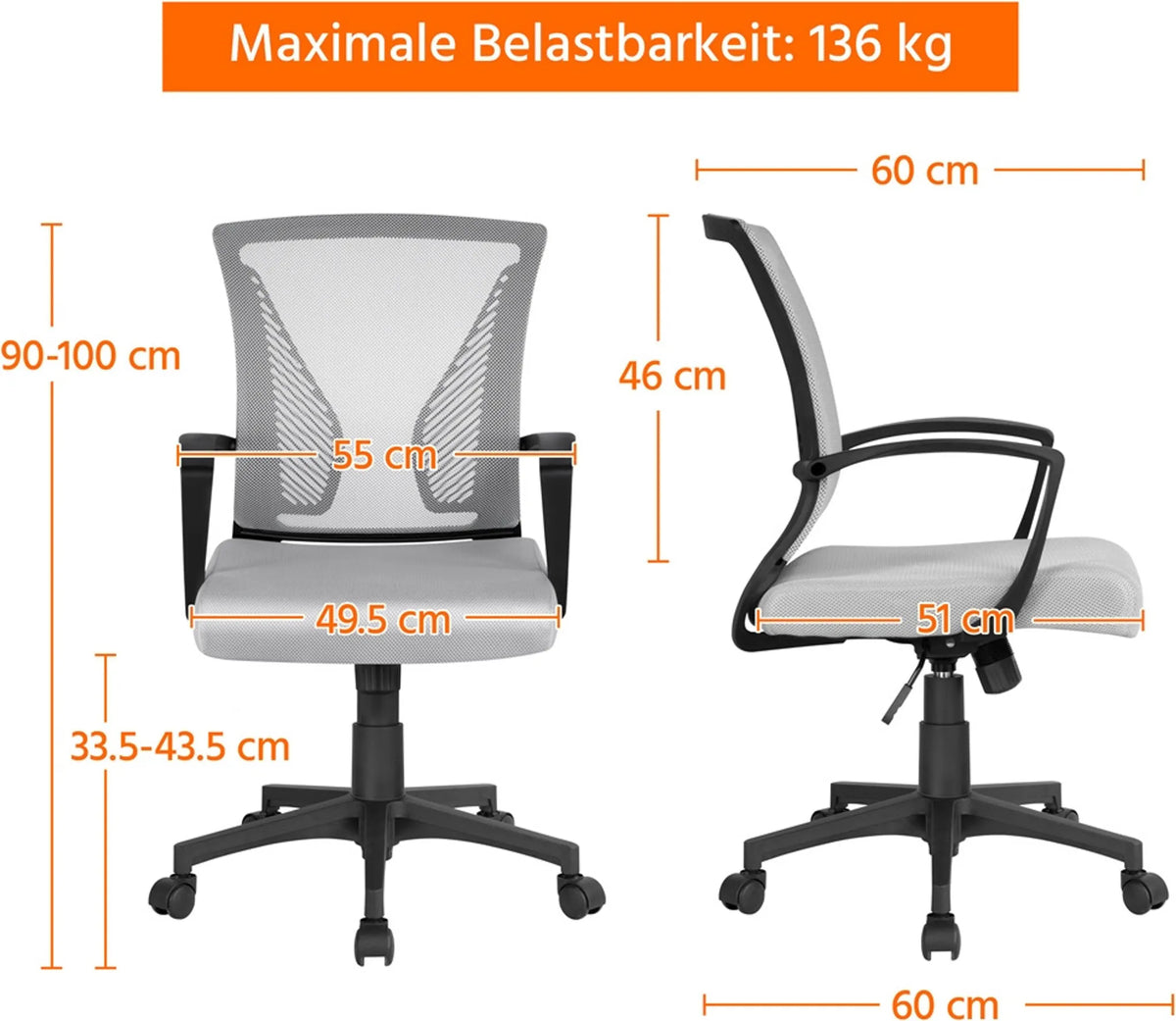 Yaheetech Bürostuhl Ergonomisch - Features Atmungsaktive Mesh-Gewebe und Rocking-Funktion und verstellbare Sitzhöhe - für Büro und Studie - Grau Nylon und Metall - 60 x 60 x 91-100,5 cm
