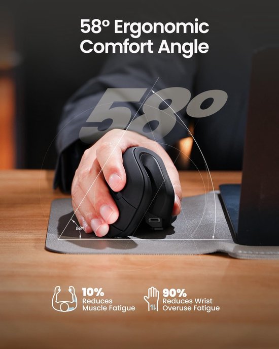 Ergonomische vertikale Maus – Kabellose ergonomische Maus – Bluetooth & 2,4 GHz – Über USB-C aufladbar – Für 3 Geräte – Einstellbare DPI – Geräuscharm – Schwarz (für Rechtshänder)