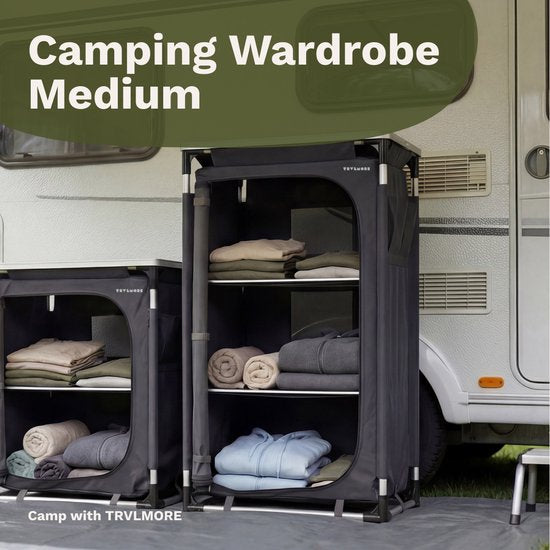 TRVLMORE Campingschrank XL - Campingküche - 90KG Tragkraft - Aluminiumrahmen - faltbar - Inkl. Tragetasche - 50x60x97CM - Grau