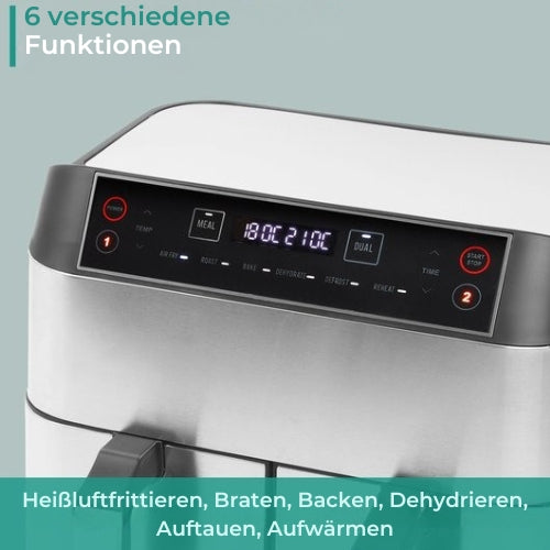 Niceey Double Airfryer - XXL - Zwei Garräume - 8,0 Liter - 2460 Watt - Heißluftfritteuse - inkl. Kochbuch - Silber