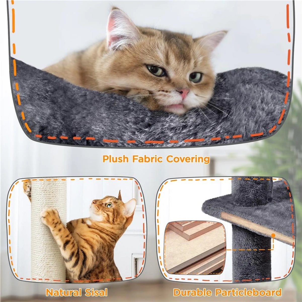 Yaheetech Katzenpfosten XXL mit zwei Katzenkörben - ausgestattet mit Kletterrampe und Katzenohr-Liege und hängenden Spielbällen - für Haushalte mit mehreren Katzen - dunkelgrauer Plüsch und Sisal - 59,5 x 55 x 202,5 cm