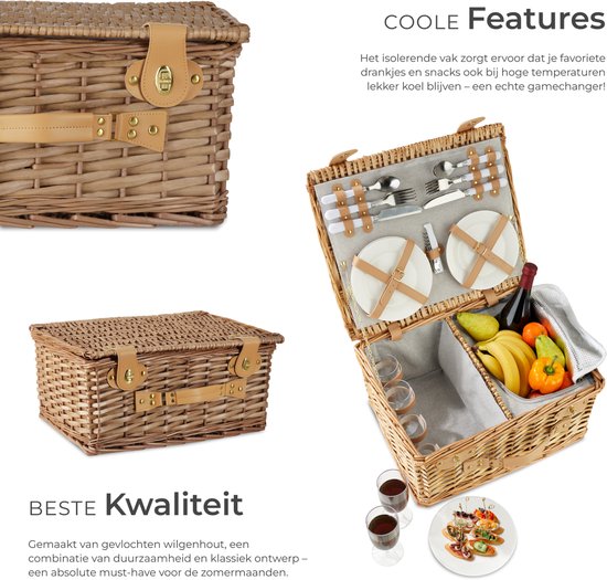 tectake - komplettes Picknickkorb-Set Terschelling - Luxuriöses 21-teiliges Picknick-Set für 2 Personen - Picknickkorb aus Weidengeflecht - Inklusive Kühlbox, Set mit Tellern, Weingläsern aus Kunststoff und Besteck aus Edelstahl