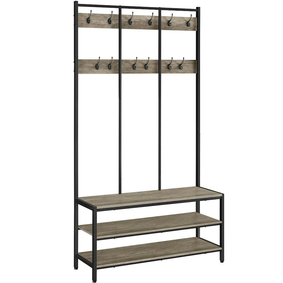 Yaheetech Industrieller Garderobenständer mit Schuhregal und Sitzbank 100 x 35 x 185 cm – Grau – Flurmöbel mit 24 Haken