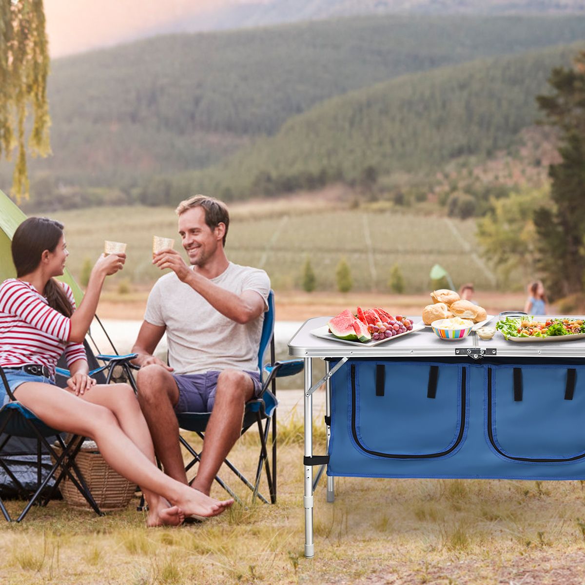 Coast Campingtisch mit Stauraum – höhenverstellbar – zusammenklappbar – dunkelblau 120 x 60 cm