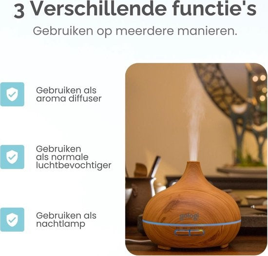 Gologi Slimme Aroma Diffuser - 550ML - Luchtbevochtiger - Geurverspreider - LED verlichting - Incl. 2 Etherische OlieÃƒÃ n - Lichtbruin