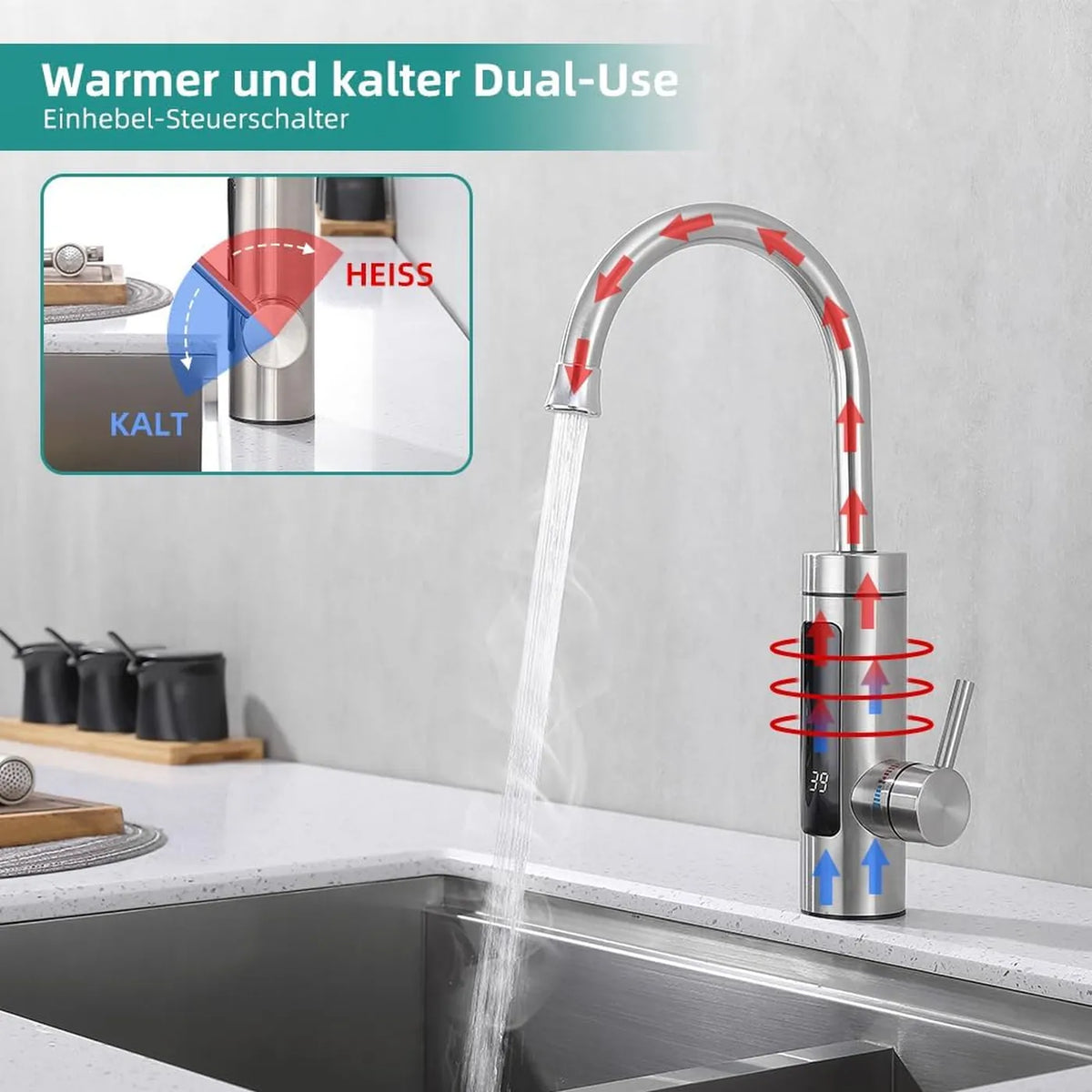 HOMELODY Elektrischer Küchenwasserhahn mit Durchlauferhitzer – 3000 W – 230 V – LED-Anzeige – Edelstahl – gebürstetes Silber