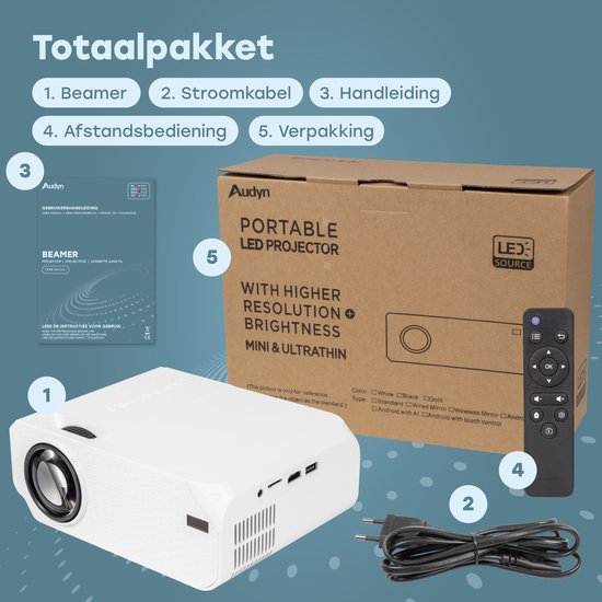 Audyn Beamer - Full HD 1080P - Tragbarer Mini-Beamer - Drahtloser Projektor - Wifi und Bluetooth - Beamer - Hdmi, Usb und Aux - Weiß