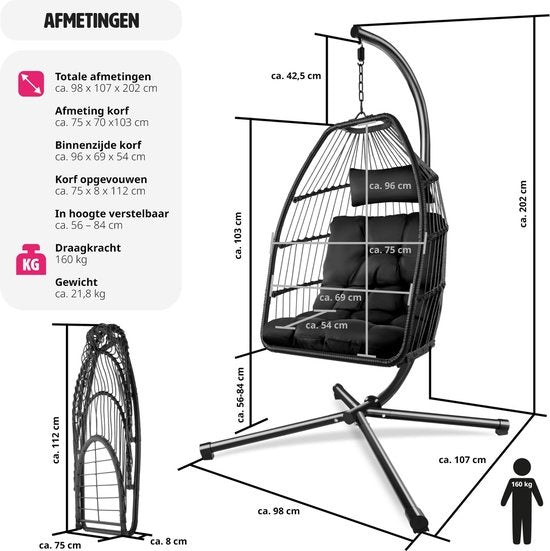 tectake - Hängesessel Ariane mit Ständer und Kissen 160kg - schwarz - 404981