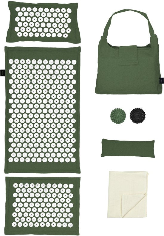LifeGoods Akupressurmatte Eco - Komplettset - Kissen / Tragetasche / 2x Triggerpunktball - Shakti-Matte - Nagelmatte - 72x43x2cm - Grün/Weiß