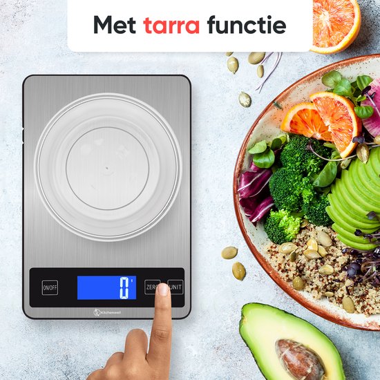 Kitchenwell Digitale Präzisions-Küchenwaage - Küchenwaage - 1gr - 10kg - Tara-Funktion - Grau