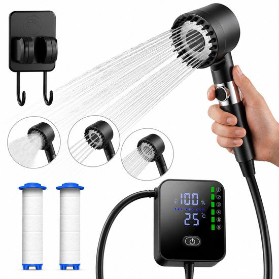 Wiederaufladbare Campingdusche mit 2 Wasserfiltern – 24 Duschen – 3 Einstellungen (Nebel, Normal, Voll) – Außendusche für Camping, Hunde, Auto, Fahrrad und Wohnmobil – FLOAT Oasis