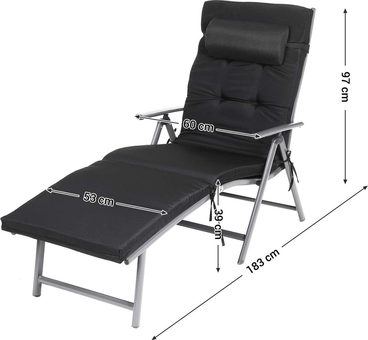 O'DADDY Liege - Liege klappbar - Schwarz - Sonnenliege mit Kopfstütze - Liegestuhl 183 x 60 x 39 - Gartenliege inklusive Liegekissen