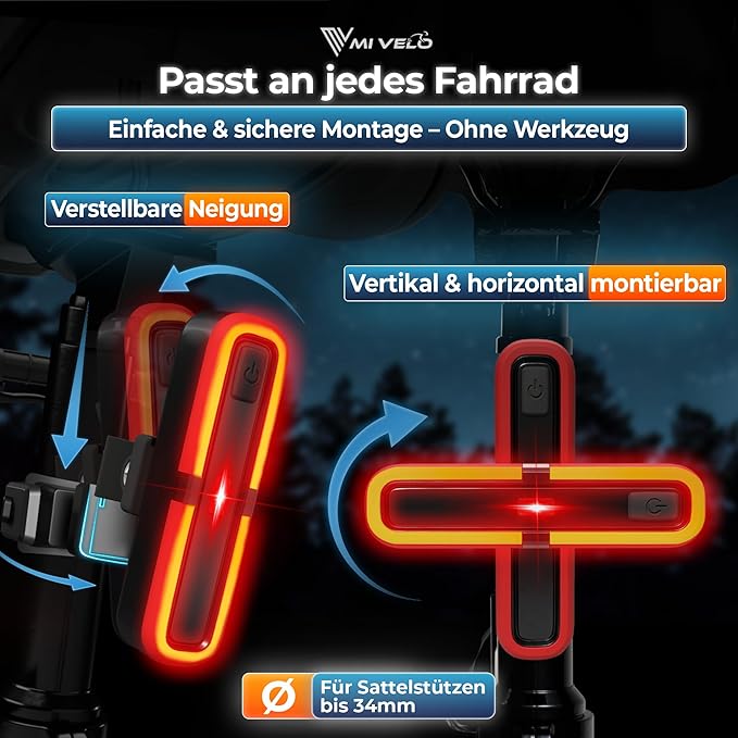 Fahrrad Rücklicht mit Bremslicht – StVZO geprüft – USB-C Akku – IPX5 Wasserdicht – Für Rennrad, MTB & Gravelbike