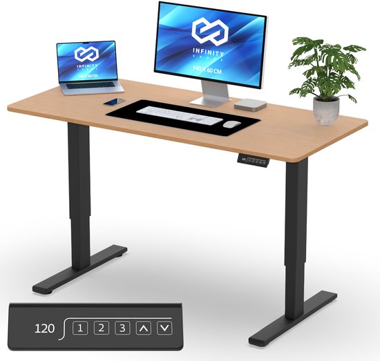 Infinity Goods Sitz-Steh-Schreibtisch, elektrisch verstellbar – 140 x 60 cm – Speicherfunktion – Holzoptik